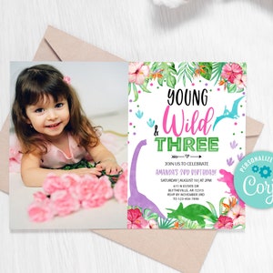 EDITABLE Young Wild and Three Birthday Invitation, Girl Dinosaur Birthday Invitation, Dino Birthday Invite, Pink Dinosaur Invitation 0207