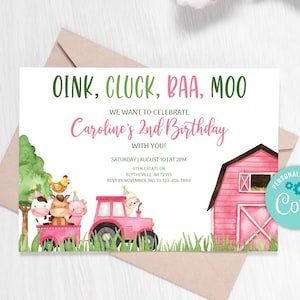 Editable Farm Birthday Invitation Pink Farm Animals Birthday Invitation Girl Barnyard Birthday Pink Farm Invitations Party Animals 0106