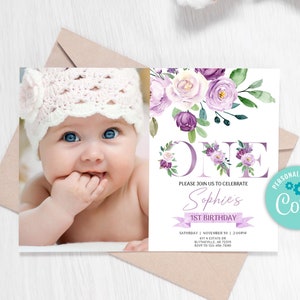 EDITABLE Purple Floral First Birthday Invitation, Girl Lilas Birthday Invitations, Lavender Floral 1st Birthday Invitation 0128