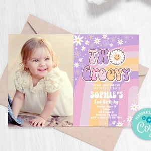 Editable Two Groovy Birthday Party Invitation Daisy Hippie 70&#39;s Retro 2nd Birthday Invitation Groovy Rainbow Party Invitation 0170