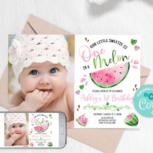 Editable Watermelon Invitation, One in a Melon 1st Birthday Invitation, Pink Watermelon Party, One in a Melon Invitation 0118