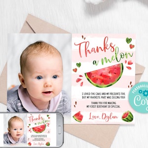 Thanks a Melon Thank You Card, Editable Watermelon Thank You Card, One ...