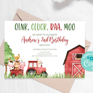Editable Farm Birthday Invitation Red Farm Animals Birthday Invitation Boy Barnyard Birthday Party Animals Farm Invitations 0106