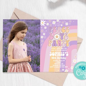 Editable ANY AGE Groovy Peace Love Party Birthday Invitation Daisy Hippie 70&#39;s Retro Birthday Invitation Groovy Rainbow Invitation 0170