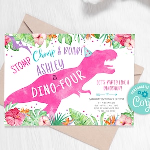 EDITABLE Dino-Four Dinosaur Birthday Invitation Girl Dino T-Rex Invitation Fourth Birthday Dino Invite Pink Dinosaur Party Invitation 0237