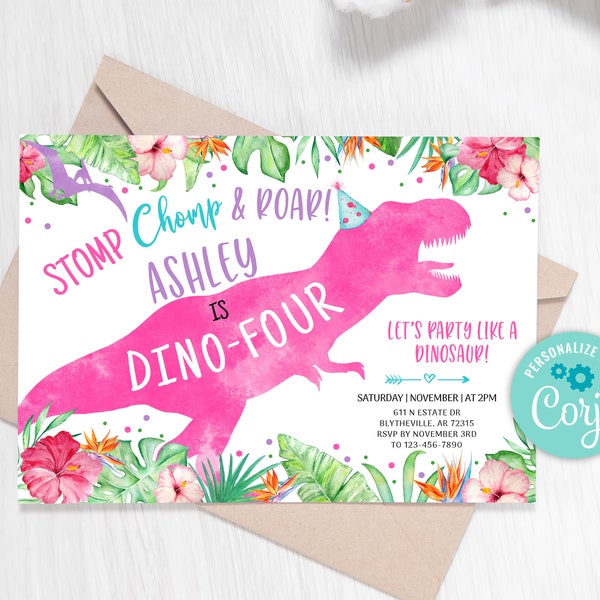 EDITIERBARE Dino-Vier Dinosaurier Geburtstagseinladung Mädchen Dino T-Rex Einladung Vierter Geburtstag Dino Invite Pink Dinosaur Party Einladung 0207