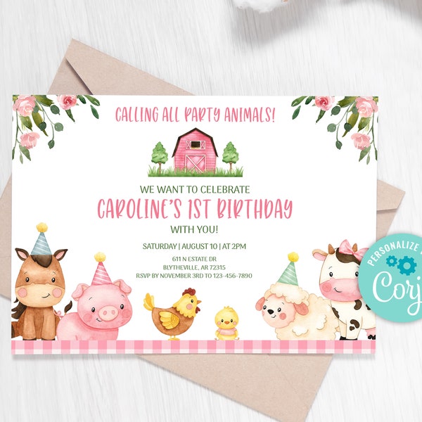Editable Farm Birthday Invitation. Pink Farm Animals Birthday Invite, Girl Barnyard Birthday, Pink Farm Invitations Party Animals 0106