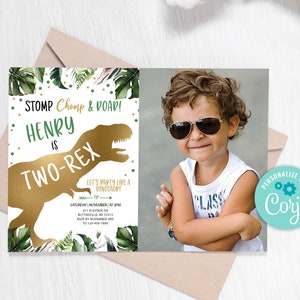 EDITABLE Two-Rex Dinosaur Birthday Invitation, Dino T-Rex Invitation, Second Birthday Dino Invite, Gold Dinosaur Party Invitation 0208