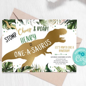 EDITABLE One-A-Saurus Dinosaur Birthday Invitation, Dino T-Rex Invitation, Dino Birthday invite, Gold Dinosaur Party Invitation 0208