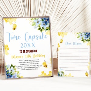 Editable Bee Birthday Time Capsule Blue Floral Bumble Bee Time Capsule Sign Honey Bee Birthday Party Decorations 0148