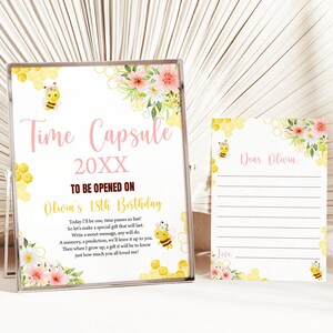 Editable Bee Birthday Time Capsule Floral Bumble Bee Time Capsule Sign Honey Bee Birthday Party Decorations 0148