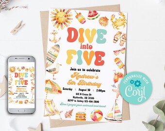 Dive Into Five Birthday Invitation, Pool Party, Editable (Digital Download)