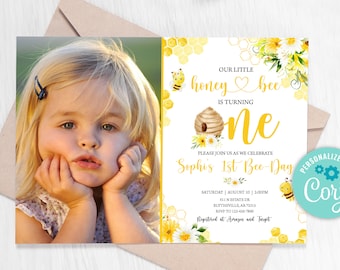 Editable Bee Birthday Invitation Bumble Bee Birthday Party First Bee-Day Honey Bee Birthday Invite Bee Invitation Sweet to Bee One 0148