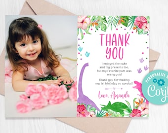 Watercolor Dinosaur Thank You Card, Girl Birthday (Editable)