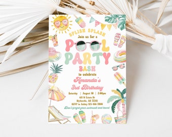 Editable Pool Party Invitation Girl Summer Party Invitation Tropical Splish Splash Girly Pool Party Invitation Summer Swimming Pool 0228