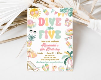 Dive Into Five Birthday Invitation, Pool Party (Editable Template)