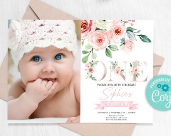 EDITABLE Blush Floral First Birthday Invitation, Girl Pink Invitations, Pink Floral 1st Birthday Invitation, Girl Birthday Invitation 0127
