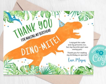 Watercolor Dinosaur Birthday Thank You Card (Editable)