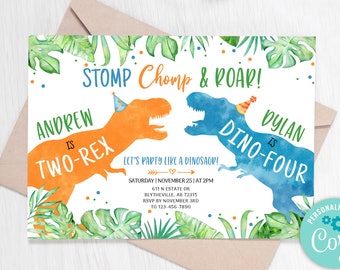 EDITABLE Dinosaur Double Birthday Party Invitation Twins Dino T-Rex Invitation Orange Blue Dinosaurs Joint Party Invitation 0109