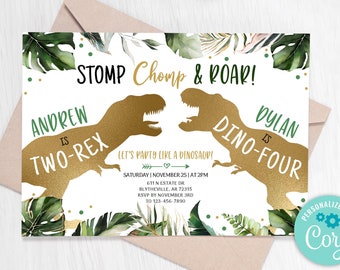 Dinosaur Twins Birthday Invitation, Gold Dino Party (Editable)