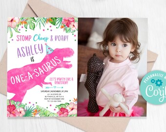 EDITABLE One-A-Saurus Dinosaur Birthday Invitation Pink Dino T-Rex Invitation Girl Dino Birthday invite Pink Dinosaur Party Invitation 0237