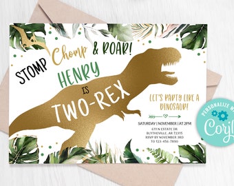 Two-Rex Birthday Invitation, Gold Dinosaur Party, Editable Dino Invite (Digital Download)