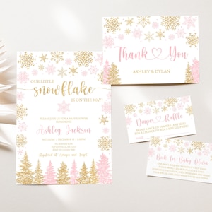 EDITABLE Winter Snowflakes Baby Shower Package Girl Snowflake Invitation Set Pink Gold Snowflakes Holiday Baby Shower Invitation Pack 0192