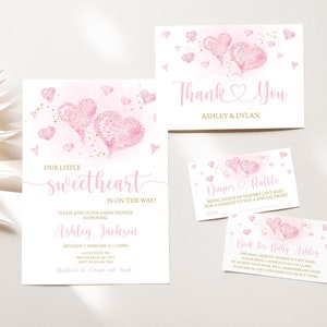 MODIFIABLE Valentine Baby Shower Package A Little Sweetheart Baby Shower Invitation Set Pink Hearts Baby Shower Invitation Pack 0193