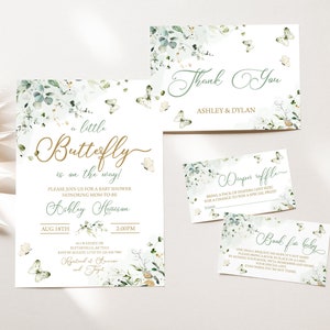 Bewerkbare salie groene vlinder baby shower uitnodiging groen vlinder kussen en baby wensen baby shower strooi uitnodiging Pack 0174