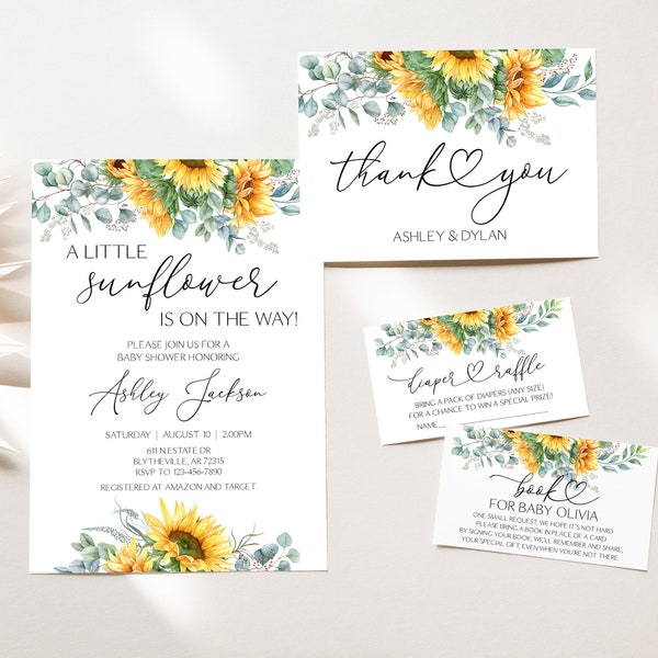 Editable Sunflower Baby Shower Invitation Set Rustic Sunflower Baby Shower Invitation Pack Boho Sunflower Baby Shower Package 0173