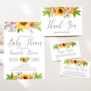 Bearbeitbare Sonnenblumen-Babyparty-Einladungs-Set Rustikale Sonnenblumen-Babyparty-Einladungs-Packung Boho Sonnenblumen-Babyparty-Paket 0113