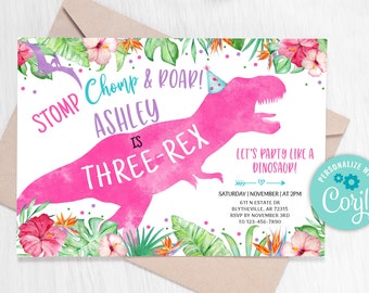 May include: A pink dinosaur birthday invitation with a green, blue, and purple floral design. The text reads "Stomp Chomp & Roar! Ashley is Three-Rex. Let's party like a dinosaur!" with a date and time for the party.