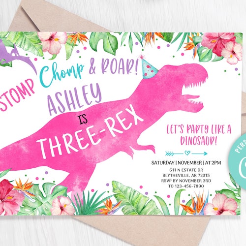 Girl Dinosaur Birthday Invitation Template. Trex Tutus Etsy