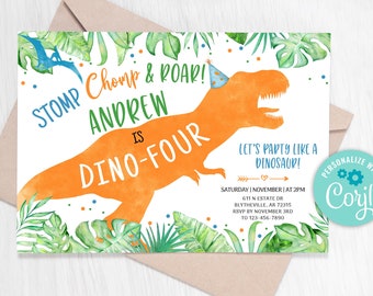 EDITABLE Dino-Four Dinosaur Birthday Invitation Boy Dino T-Rex Invitation Fourth Birthday Dino Invite Orange Dinosaur Party Invitation 0109