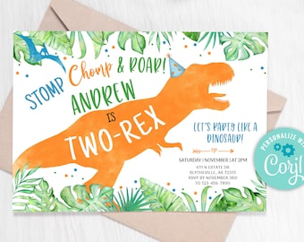 Invitation pour le 2e anniversaire de Two-Rex Dinosaur, Fête des dinosaures orange (Modifiable)