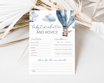 May include: A blue and white baby shower game card with a watercolor illustration of a hot air balloon with a teddy bear in the basket. The card has the text "baby prediction and advice" and includes spaces for guests to write their predictions about the baby's birth date, time, weight, length, hair color, eye color, and resemblance to the parents.