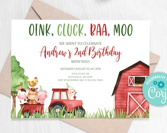Editable Farm Birthday Invitation Red Farm Animals Birthday Invitation Boy Barnyard Birthday Party Animals Farm Invitations 0106
