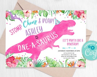 EDITABLE One-A-Saurus Dinosaur Birthday Invitation Pink Dino T-Rex Invitation Girl Dino Birthday invite Pink Dinosaur Party Invitation 0237