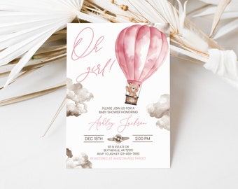 Editable Bear Hot Air Balloon Baby Shower Invitation Girl Bear We Can Bearly Wait Invitation Pink Bear Baby Shower Invitation 0223