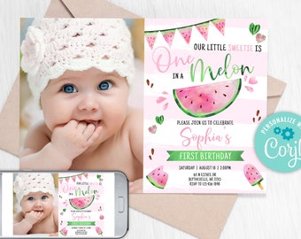 Editable Watermelon Invitation, One in a Melon 1st Birthday Invitation, Pink Watermelon Party, One in a Melon Invitation 0118