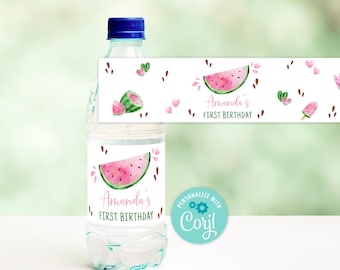 May include: Water bottle label with a watermelon design. The label says "Amanda's First Birthday" and has a pink and green color scheme. The label also has a small logo that says "Personalize with Caryl".