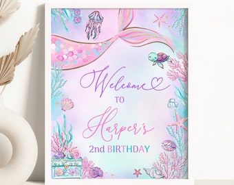 May include: A mermaid tail with pink and gold scales, a jellyfish, and a turtle with a heart that says "Welcome to Harper's 2nd Birthday" on a light blue and purple background.