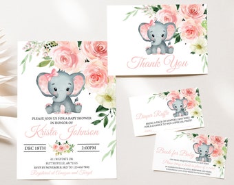 Elephant Baby Shower Invitation Set Girl, Pink Floral (Editable)