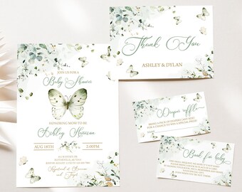 Sage Green Butterfly Baby Shower Invitation Set (Editable)