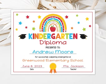 Editable Kindergarten Diploma Personalized Graduation Certificate School Graduation Certificate Last Day of School Diploma Certificate 0206