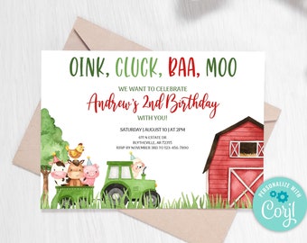 Editable Farm Birthday Invitation Red Farm Animals Birthday Invitation Green Tractor Red Barnyard Birthday Party Animals Invitation 0106