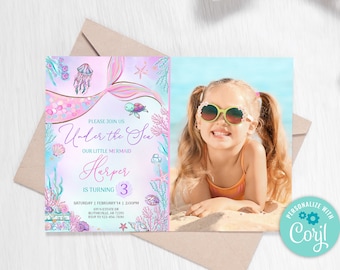 May include: A pink and blue mermaid-themed birthday invitation with a photo of a young girl wearing sunglasses. The invitation says "Please join us Under the Sea our little mermaid Harper is turning 3" with a date and time for the party.