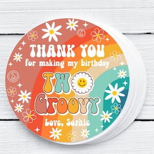 EDITABLE Two Groovy Birthday Favor Thank You Tag Groovy Birthday Favor Tag Daisy Hippie 70&#39;s Retro Gift Tag Peace Love Party Favors 0170