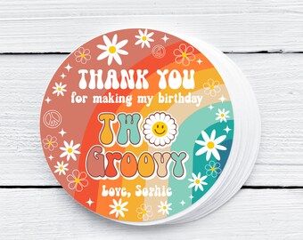 EDITIERBARE Zwei Groovy Birthday Favor Danke Tag Groovy Birthday Favor Tag Daisy Hippie 70er Retro Geschenkanhänger Peace Love Party Favors 0170