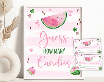 Watermelon Guess How Many Candies Game Sign Watermelon Candies Baby Shower Game Watermelon Birthday Decoration One in a Melon Party 0118